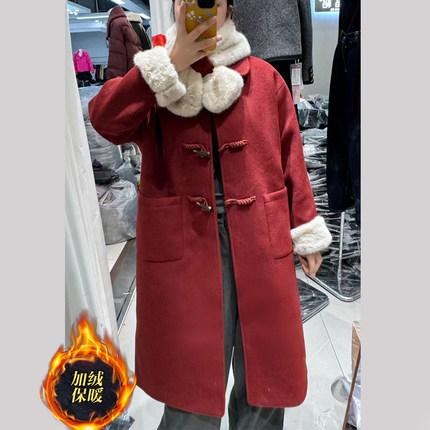 牛角扣加绒加厚毛呢外套女中长款冬季新时尚高级感圣诞红呢子大衣