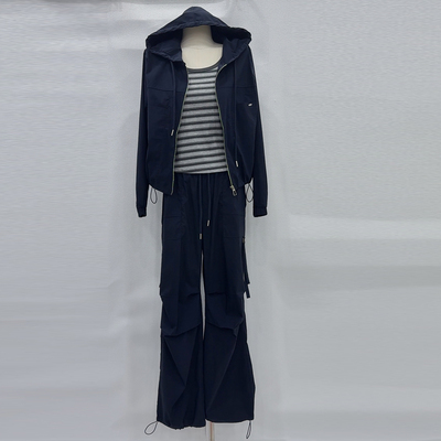 连帽外套条纹背心工装裤三件套女