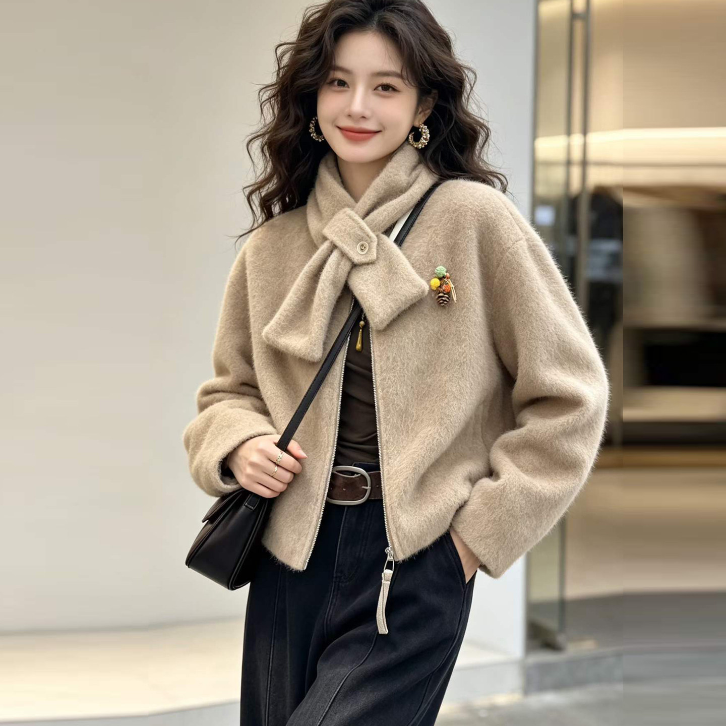 配围脖毛毛外套女短款秋冬上衣潮