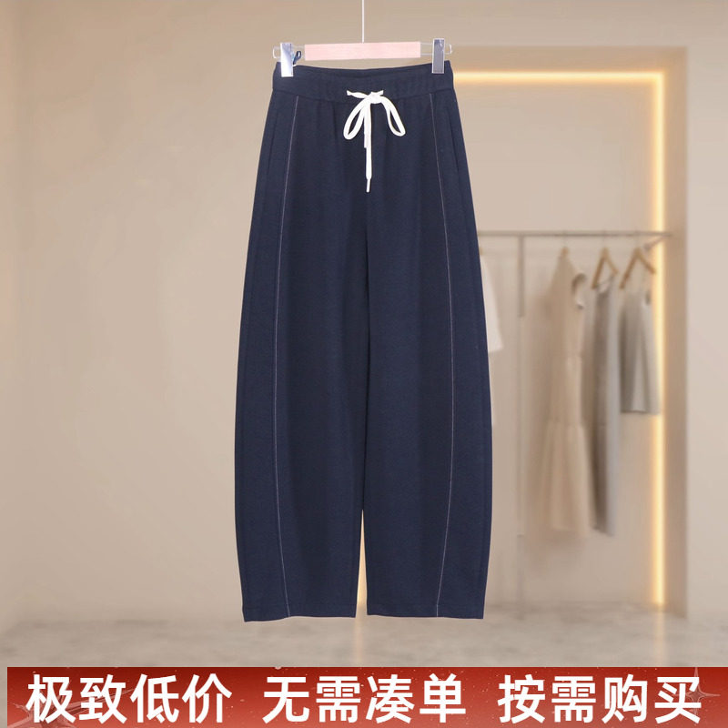 夏季松紧腰抽绳宽松阔腿卫裤女图片