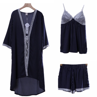 女士春夏女士家居服七分袖睡袍吊带短裤三件套仿真丝条纹印花睡衣