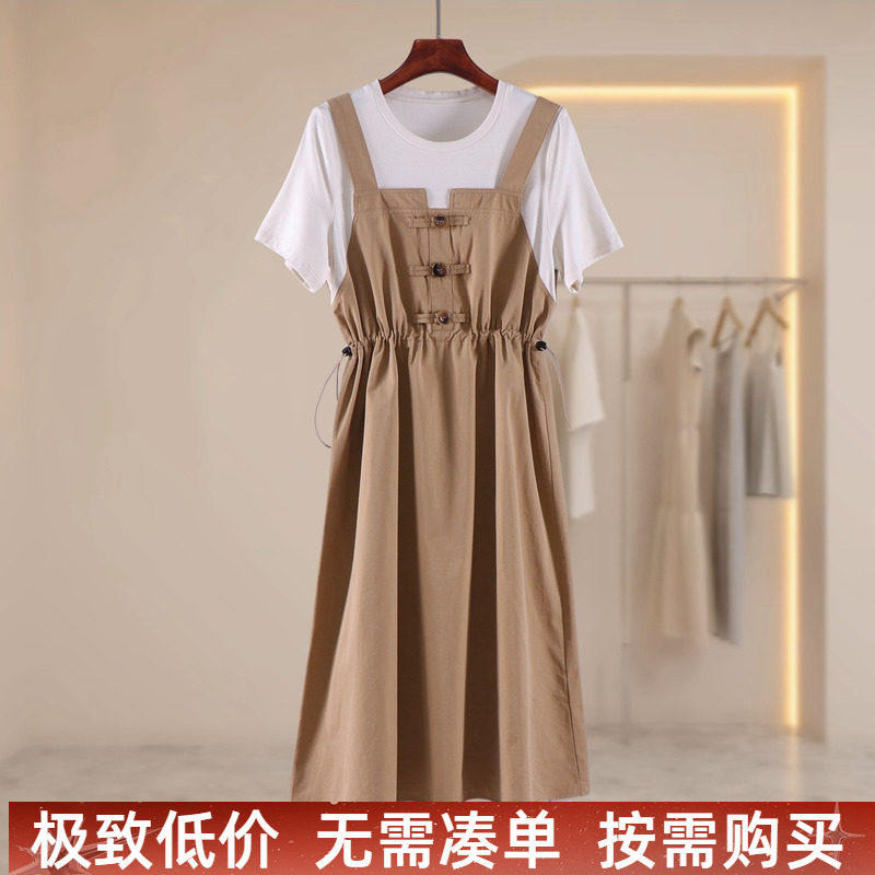 茉三品牌折扣简约宽松短袖T恤背带假两件连衣裙女夏抽绳显瘦套裙