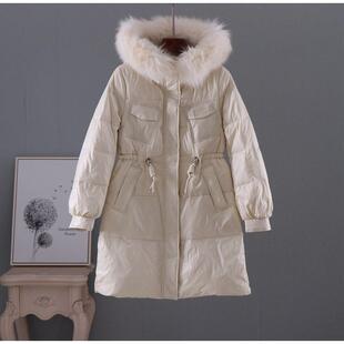 品牌折扣冬季女长款羽绒服连帽大毛领抽绳收腰韩版时尚白鸭绒外套
