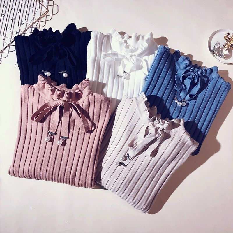 蝴蝶结系带针织衫女春季韩版长袖修身内搭毛衣套头木耳边打底上衣|ruв категории Женская одежда, шерстяной свитер - от Buy2taobao.com для оказания профессиональной услуги покупки агента Taobao