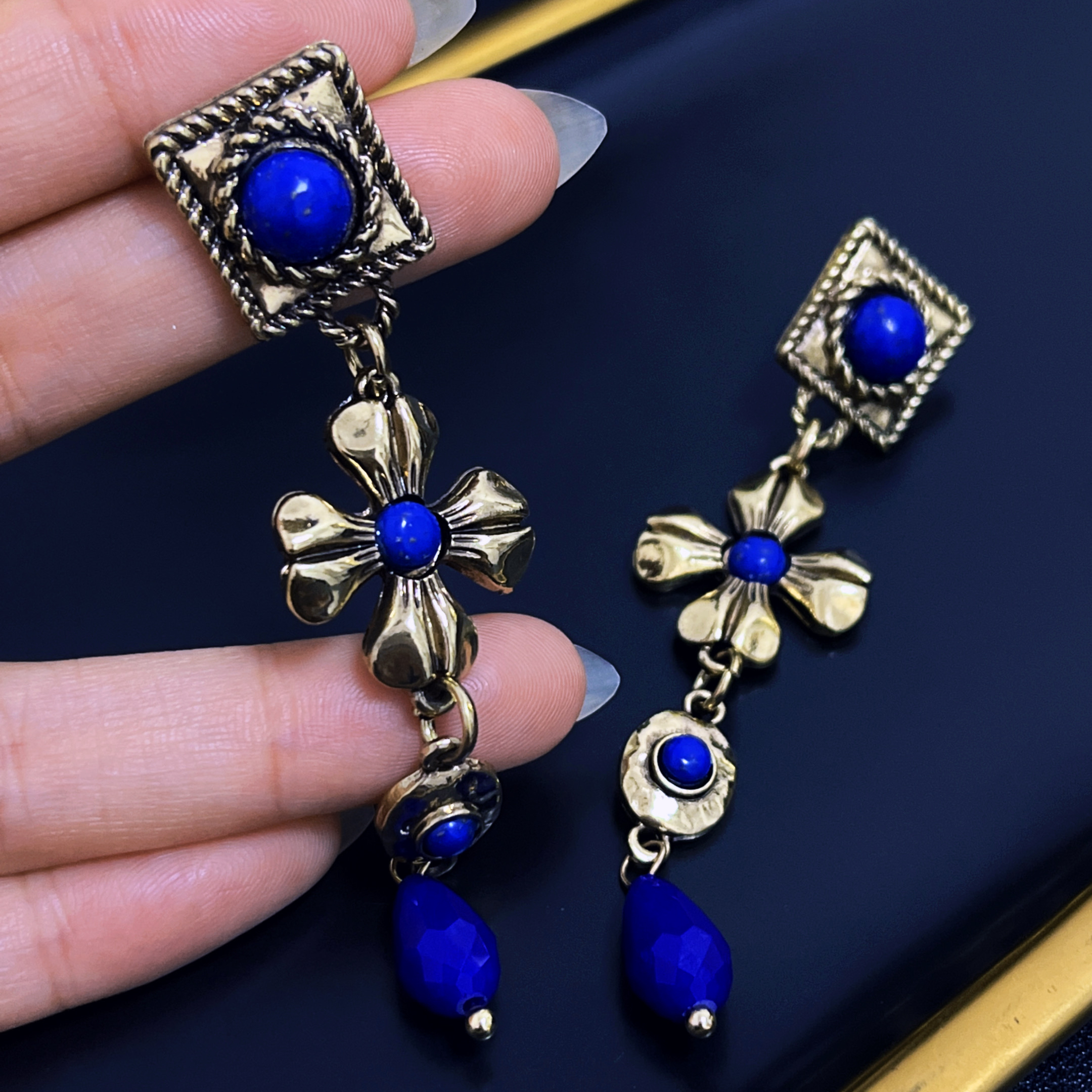 中古vintage耳环银针方形花朵水滴长款耳坠宫廷风复古气质耳饰女