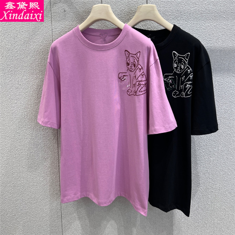 鑫黛熙25新款女装可爱休闲风猫咪刺绣短袖T恤男女款宽松圆领上衣
