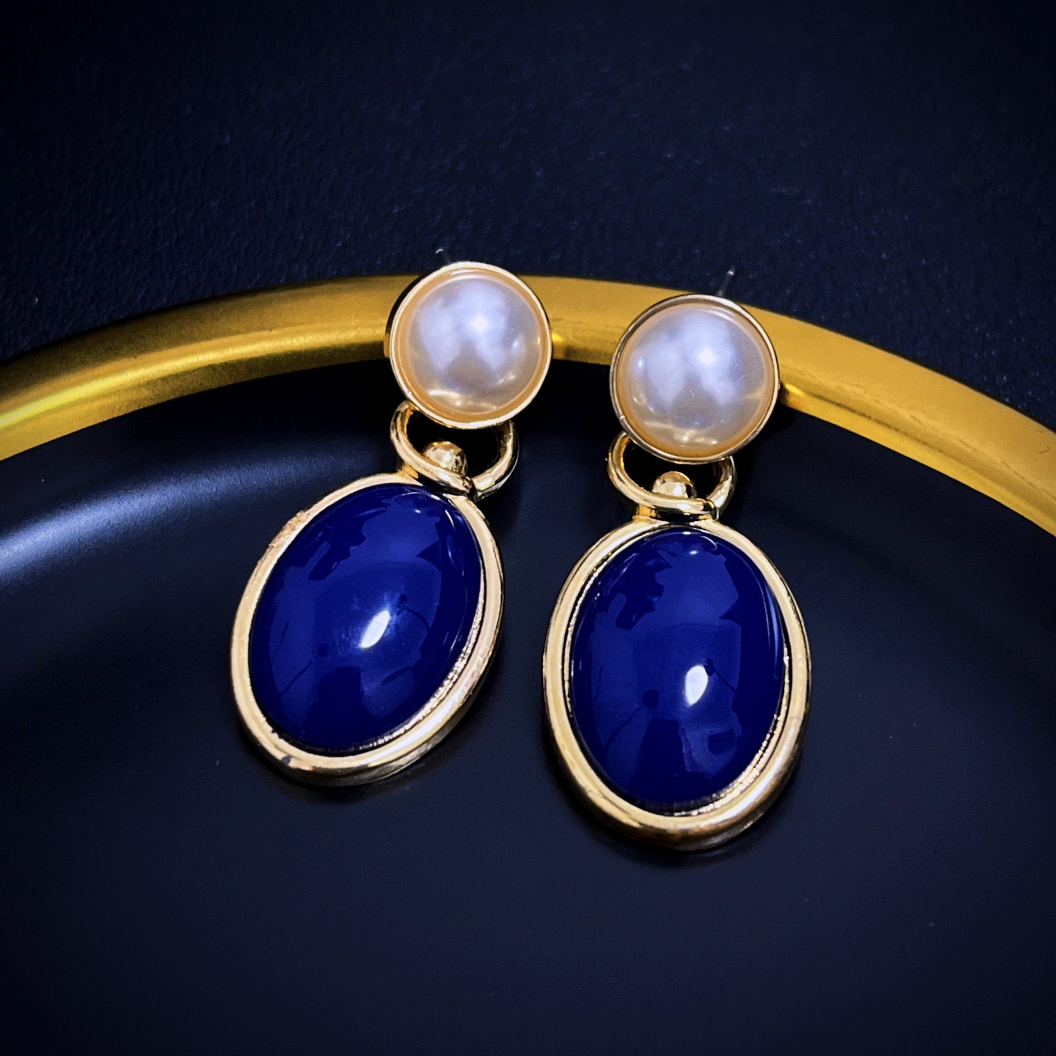 法式中古复古饰品优雅简约气质小精致耳环藏蓝色镶嵌文艺显白耳钉