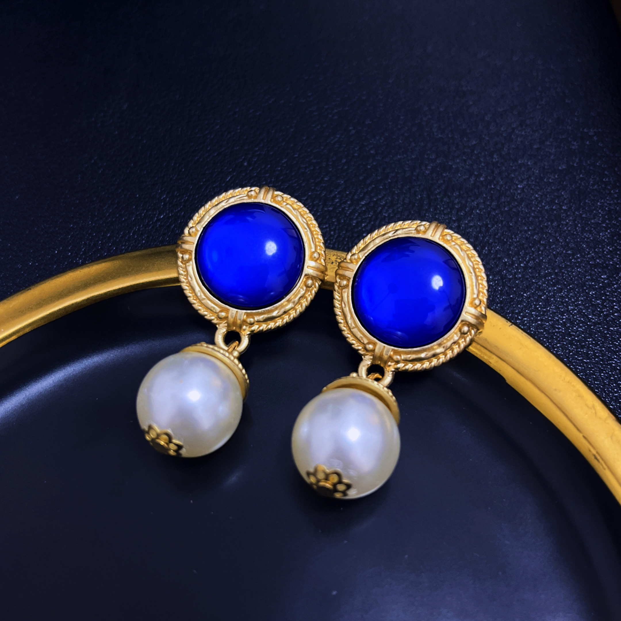 欧美跨境时尚法式气质复古短款珍珠耳坠女中古风蓝色轻奢耳环耳饰