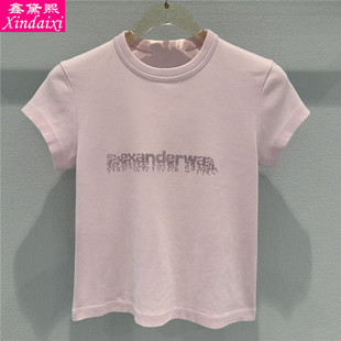 鑫黛熙26夏季新款女士小板型修身圆领字母烫钻短袖T恤女打底上衣