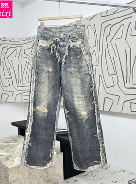 鑫黛熙26新款美式个性做旧破洞牛仔裤女宽松直筒阔腿洗水牛仔长裤