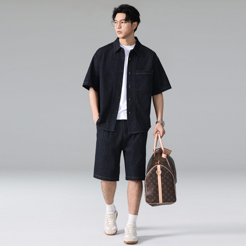 2026夏季新款牛仔短袖短裤套装男士莱赛尔天丝薄款原色水洗衬衫