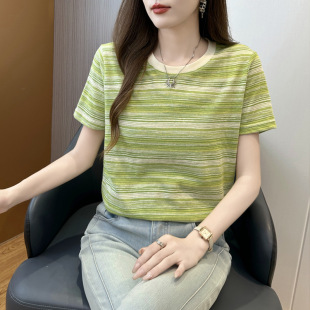 恬淡洋气减龄初高中女生新款条纹短袖T恤衫修身弹力百搭显瘦上衣
