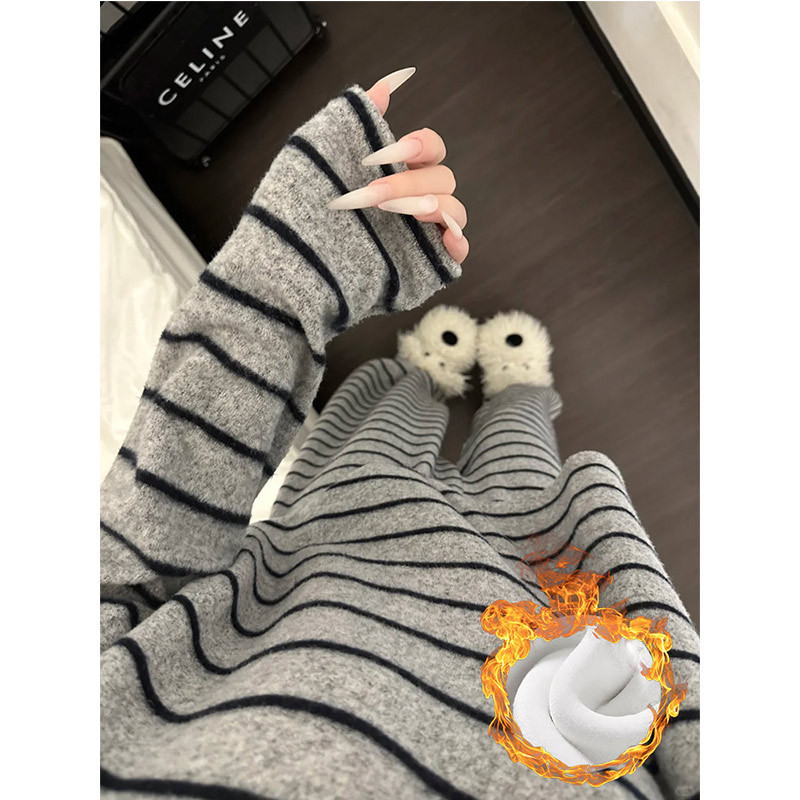 ins风休闲条纹加绒睡衣女冬季新款家居服大码加厚长裤两件套