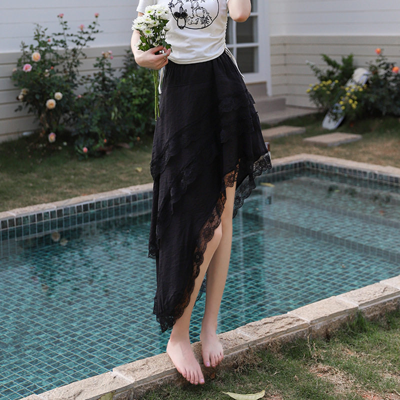 美式蕾丝花边甜辣裙女 夏季新款白色高腰松紧小众设计感A字蛋糕裙