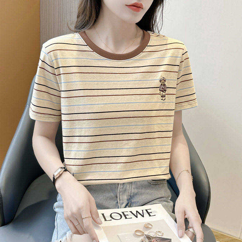 蓝卡黄条纹撞色短袖T恤女夏季