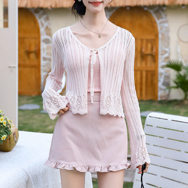 菲媛 甜美小清新粉色短款轻薄上衣 春夏新款镂空系带针织外套女