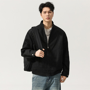 夹克大码 新款 宽松痞帅上衣 复古黑色立领拉链牛仔外套男士 美式