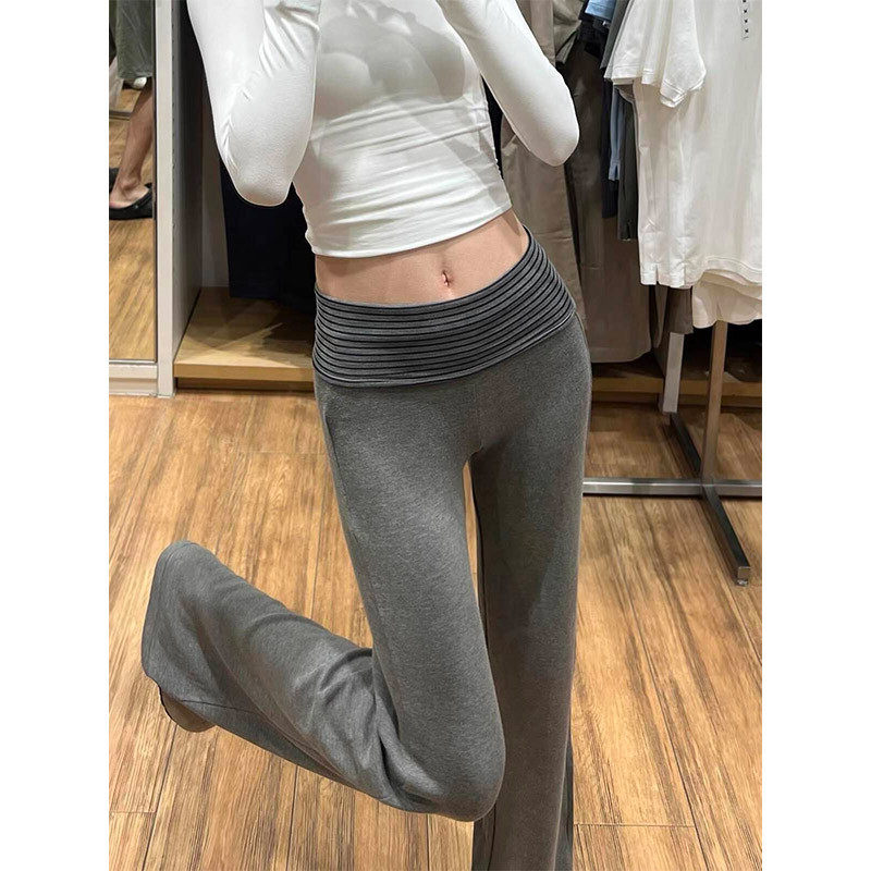 翻边条纹低腰灰色微喇裤女春秋垂感显瘦辣妹瑜伽裤慵懒风喇叭卫裤