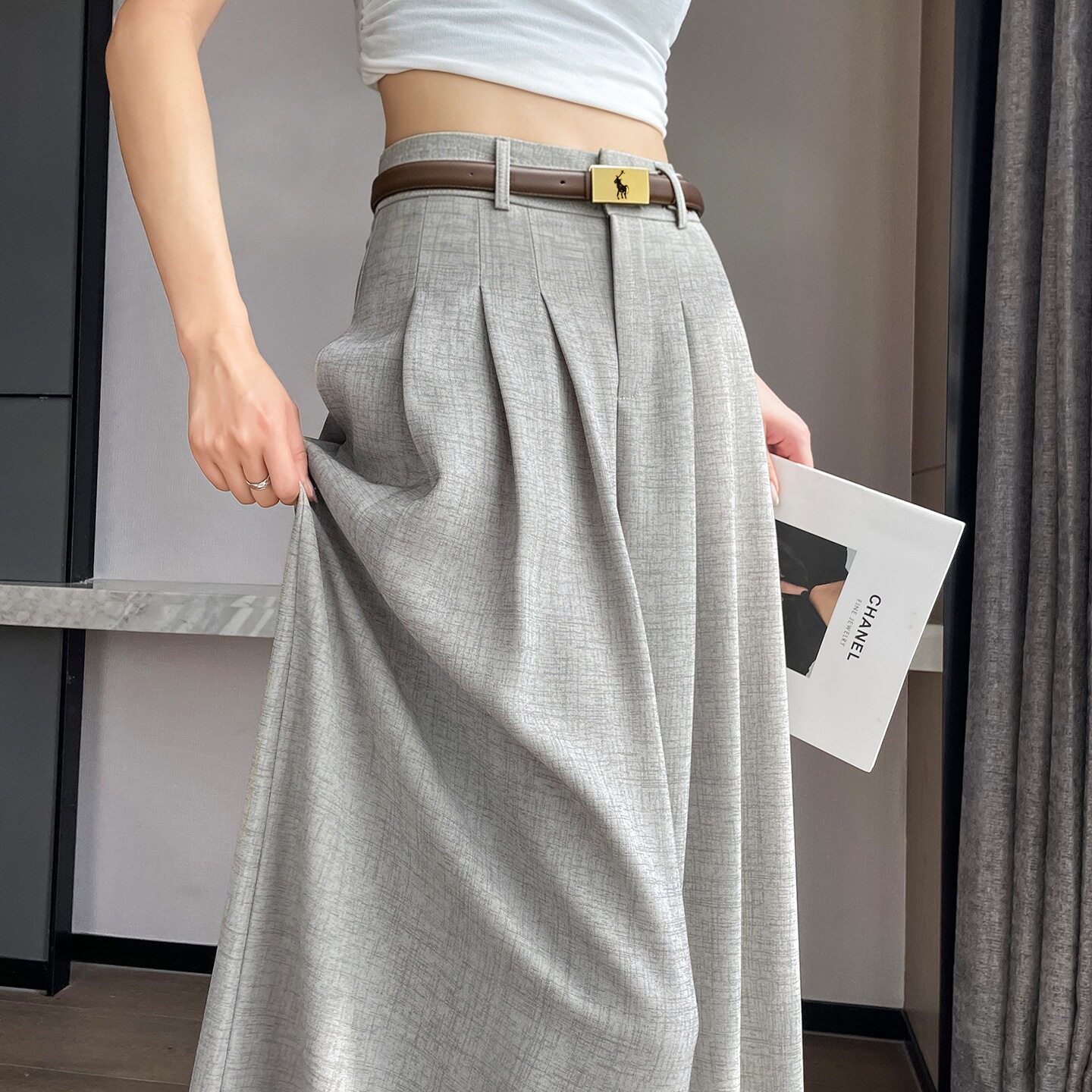 简约天丝亚麻扎染阔腿裤女2026夏季高腰垂感老钱西装直筒休闲裤