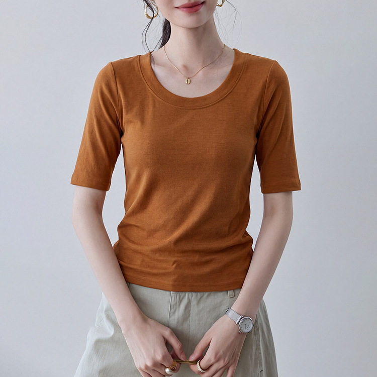 百搭纯色简约日常通勤打底衫女 夏季新款圆领中袖慕斯羊绒T恤上衣