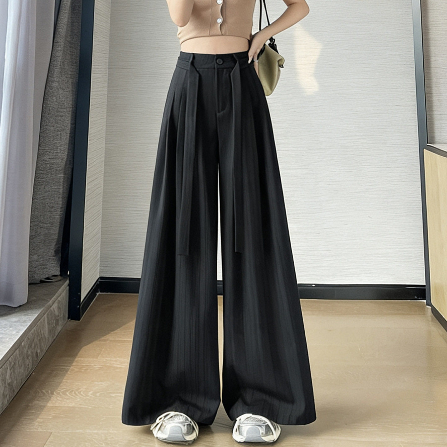 老钱风条纹棉麻阔腿西装裤女2026夏季高腰显瘦垂感拖地直筒休闲裤