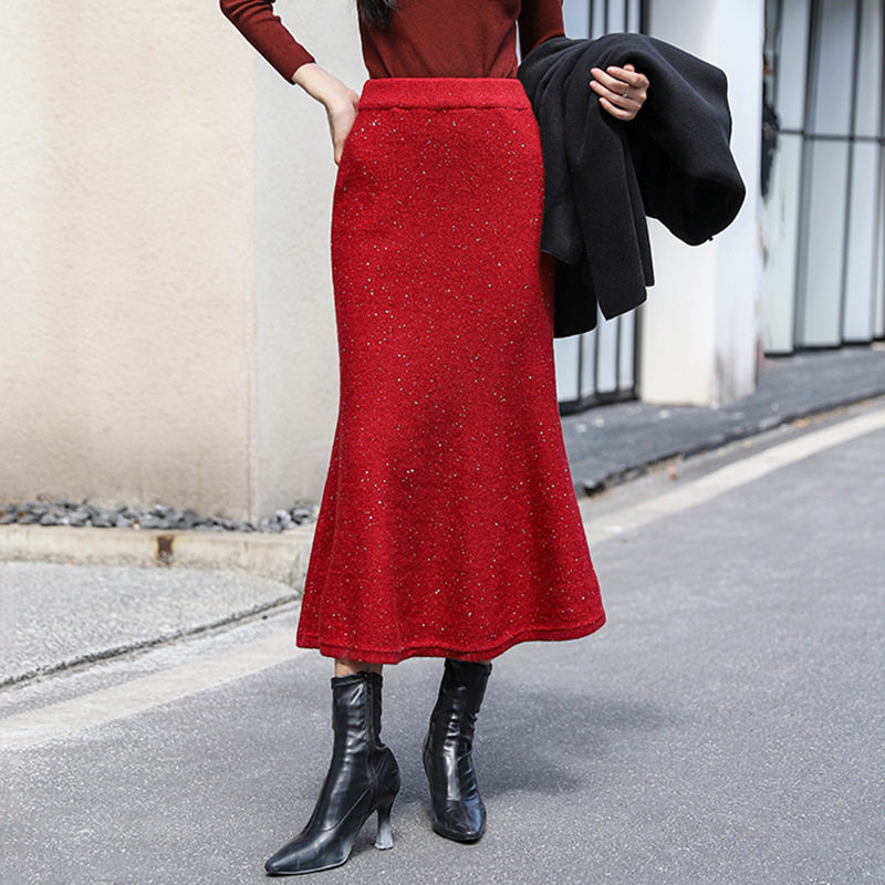 高腰 珠片纱中长款半身裙女 气质优雅亮闪闪亮片针织包臀鱼尾裙