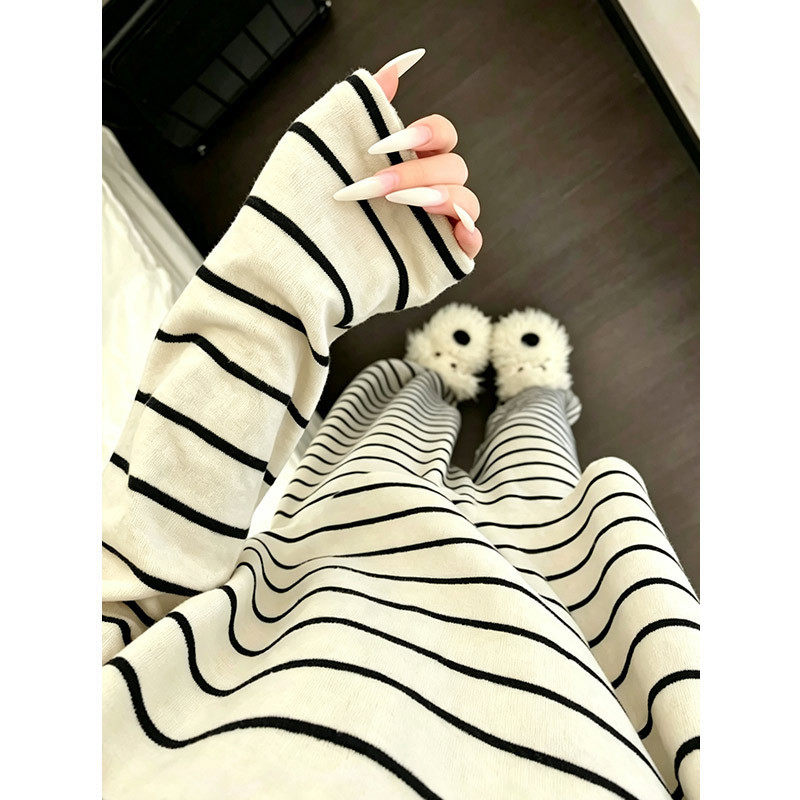 韩版条纹睡衣女款春秋冬季天磨毛保暖休闲慵懒外穿长袖家居服