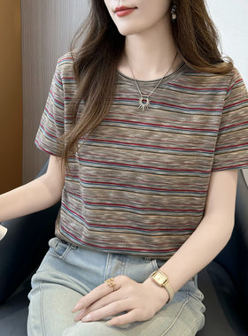 紫灰条纹夏装宽松短袖T恤洋气