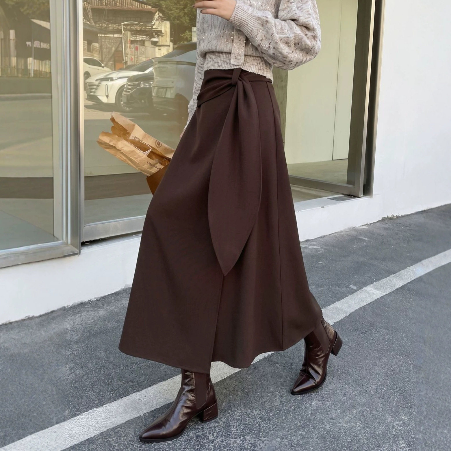 菲媛设计感气质通勤轻职风西装半身裙女 秋冬新款纯色百搭A字裙