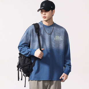 大码 水洗渐变长袖 男装 新品 T恤男宽松做旧字母印花上衣 秋季 F6633