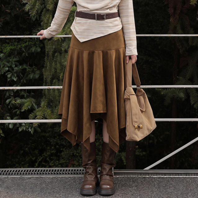 复古咖色鹿皮绒不规则裙女 秋冬新款时尚百搭纯色显瘦中裙