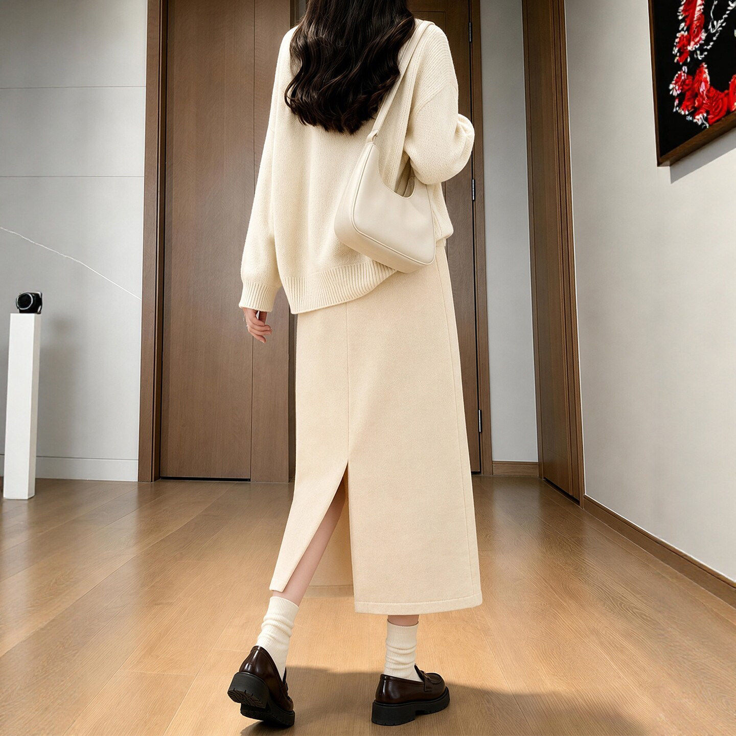 白色毛呢半身裙女2026新款秋冬季高腰a字开叉包臀裙小个子中长裙