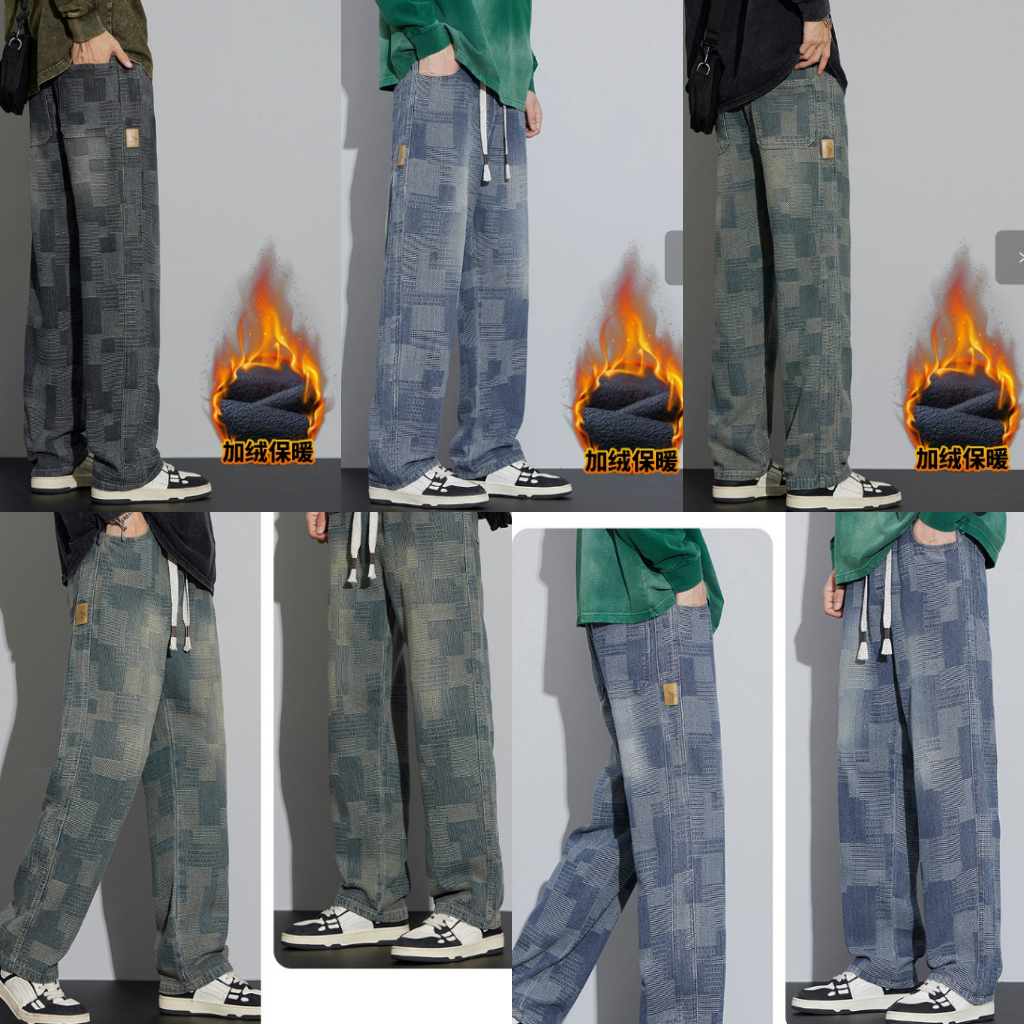 复古个性绑绳松紧腰流行加厚植绒保暖简欧休闲直筒男装学生牛仔裤