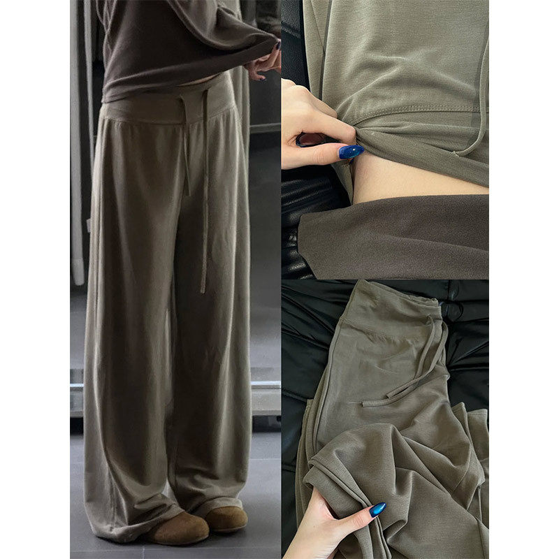 仿铜氨丝慵懒感空气层阔腿裤女春秋宽腰头垂感显瘦休闲直筒运动裤