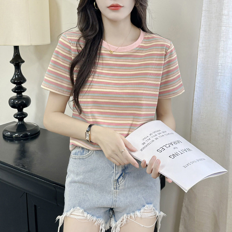 粉蓝黄条纹短袖T恤女夏减龄