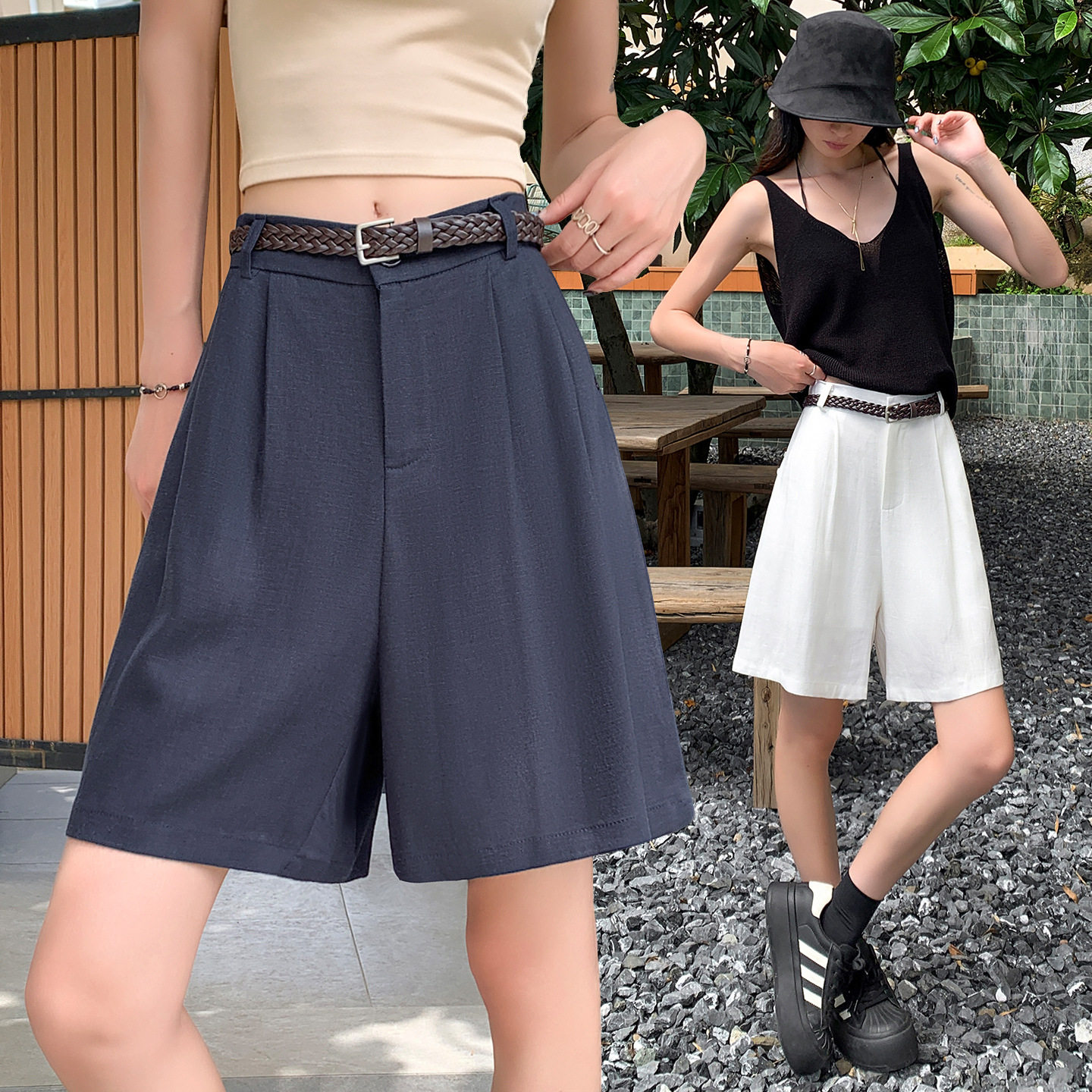 配腰带纯色A字短裤女 夏季新款宽松休闲阔腿中裤天丝亚麻五分裤