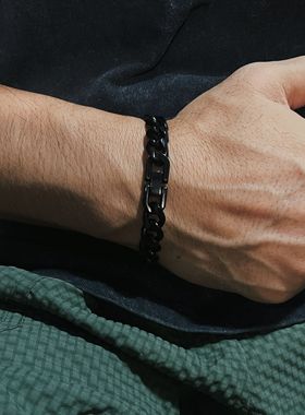 欧美钛钢古巴链手链不锈钢抛光精致男士霸气手链爆款首饰黑色饰品