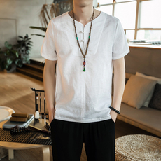 Phong cách trung quốc Tang phù hợp với tấm Hanfu khóa linen t-shirt nam mùa hè Trung Quốc cotton ngắn tay thanh niên nằm trang phục dân tộc