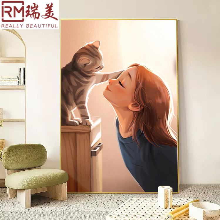 北欧女孩猫咪客厅装饰画温馨治愈系玄关走廊过道壁画小清新落地画图片