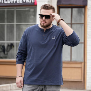 T恤男V领加肥加大宽松休闲棉感胖子简约百搭体恤衫 美式 亨利领长袖