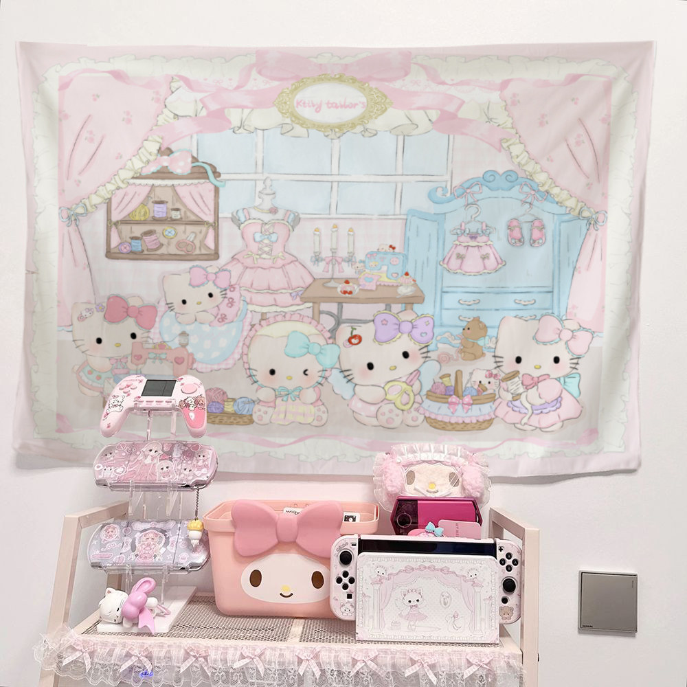 可爱卡通凯蒂猫挂布三丽鸥少女心背景布学生卧室房间床头装饰挂毯