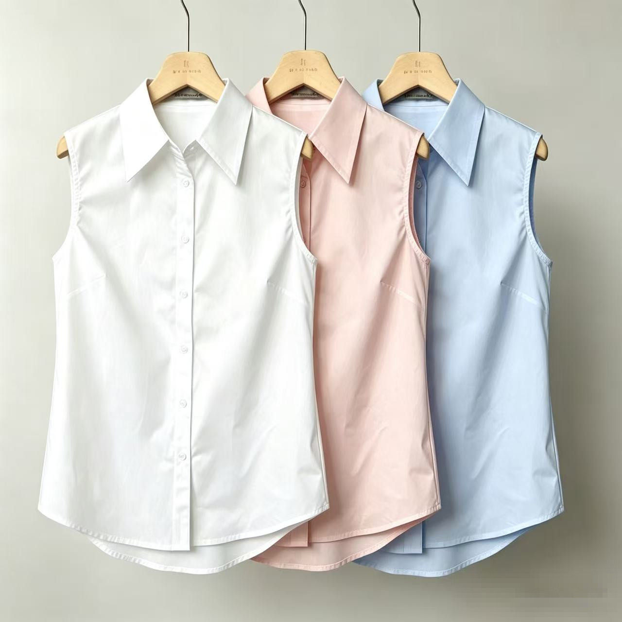 纯棉百搭气质无袖衬衫女叠穿单穿背心通勤职业白色打底尖角领衬衣