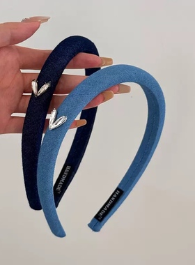 高级百搭牛仔蓝色细窄发箍甜酷水钻爱心头箍日常通勤2025年夏季款