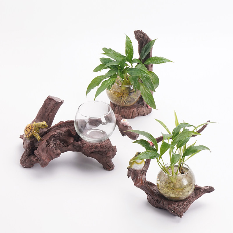 包邮创意树根木头水培植物花盆卡通乌龟小鸟庭院花园家居桌面摆饰