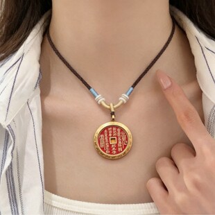 国风朱砂山鬼花钱吊坠项链嘎乌盒复古挂件包包手把玩件古钱币