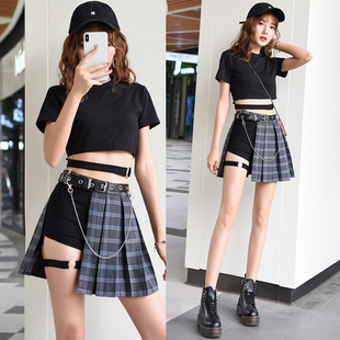 夏季新款圆环镂空短款上衣+格子半身裙+弹力紧身短裤衩休闲套装女