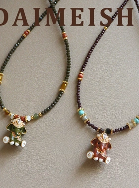 原创秋冬复古红色滴油珐琅立体小象毛衣链轻奢高级感百搭长项链女