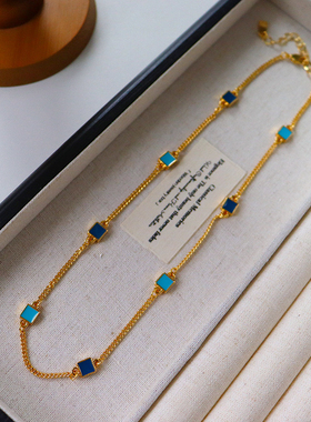 欧美时尚蓝色滴油方块项链轻奢小众高级感复古精致气质百搭锁骨链