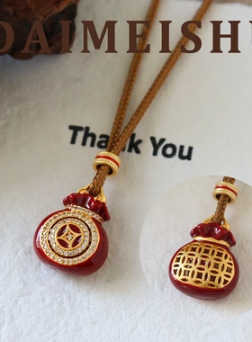 原创新中式时尚精致红色滴油镂空钱币福袋毛衣链轻奢高级感长项链