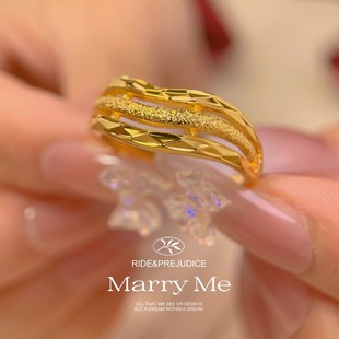 新款日韩水波纹镀金真黄金戒指结婚假三金指环可调节不掉色